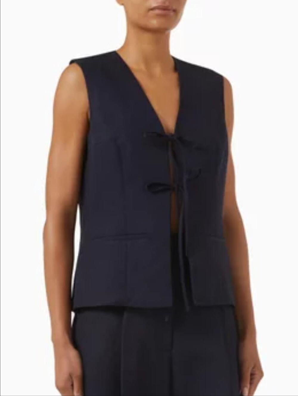 COS Tie-Front Waistcoat Vest Linen Blend Navy Size 12